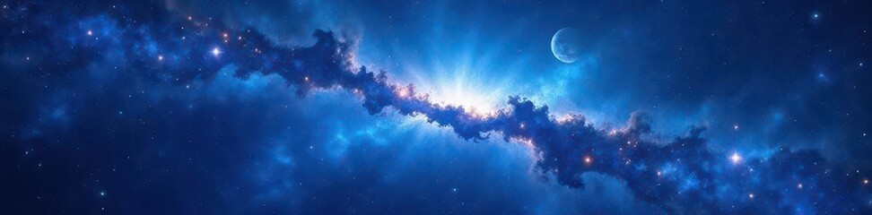 Wall Mural - Vast blue nebula, swirling cosmic dust, distant planets, bright stars , magical, astronomical, wonder