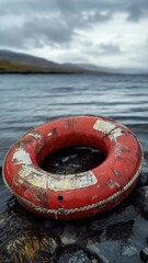 Poster - A life preserver sits atop a rock submerged in calm water, with nothing but blue sky and green vegetation nearby