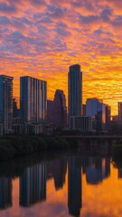 Aufkleber - A cityscape with a river running through it, captured during sunset