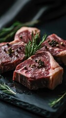 Aufkleber - Freshly cut steak and fragrant rosemary on a clean cutting board, ready for cooking