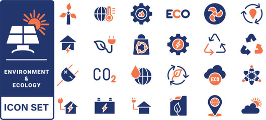 Poster - Environment and Ecologe icon set. Containing recycling, plant, nature, eco, earth, green energy, trees, ecology and more. Solid vector icons collection.