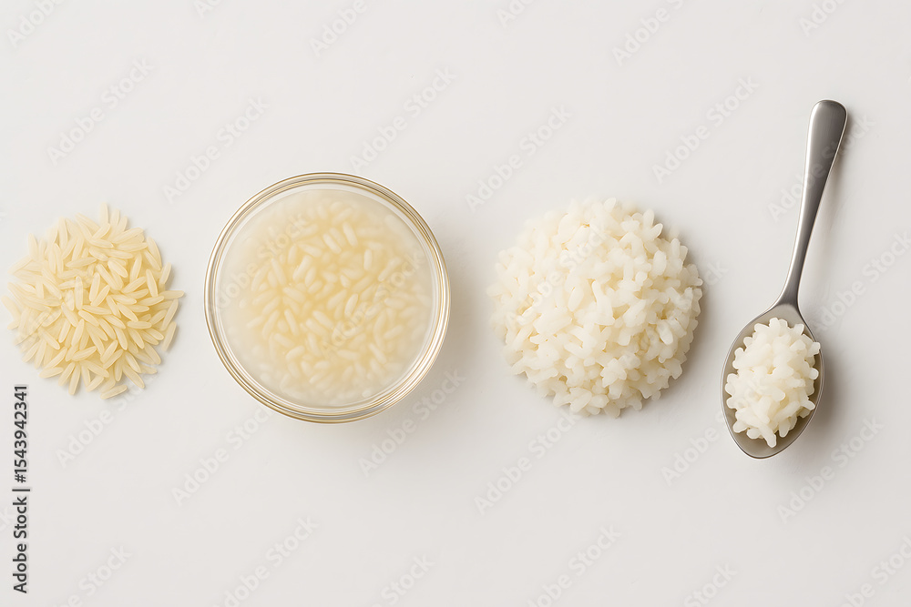 Stages of rice preparation uncooked soaked cooked and served closeup ...
