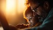 © svastix - A touching scene capturing a grandfather and his young grandchild working on a laptop together, showcasing the bond of family and the joy of learning.