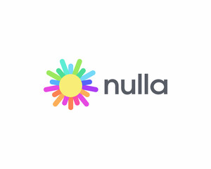 Poster - Sun star with rainbow lines rays logo. Minimalist light explosion sign. Flat flower firework icon logotype.  illustration.