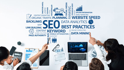 Poster - A diverse business team collaborates on digital marketing strategies, focusing on SEO and data analytics to enhance website performance and drive growth in the market. Amity