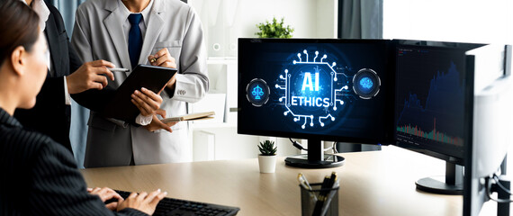 Poster - AI ethics responsibility standard law and rules on computer screen provide report of AI ethic transparency preventing technology crime. brisk