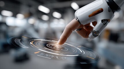 Poster - A robot hand delicately touches a holographic screen displaying a circular wave, showcasing advanced artificial intelligence technology