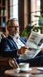© bethsantos.ai - Hombre Concentrado Leyendo Periódico con Gafas - Noticias, Negocios, Actualidad