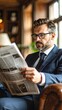 © bethsantos.ai - Hombre Concentrado Leyendo Periódico con Gafas - Noticias, Negocios, Actualidad
