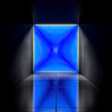 Reflective Blue Square Chamber with Glowing Lines