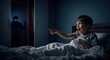 © Dmitry - A child screaming and pointing at a blurred monster in the closet at night. Nightmare and fear for small boy.