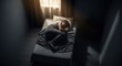 © Dmitry - Young man sleeping in bed with light coming from a window. Nightmare concept. Dark room for fear and insomnia.