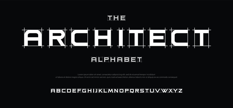 Architect project font, technical draw style alphabet. Geometrical typography. Wireframe letters, typographic design with draft strokes for architecture logo and headline. Isolated vector typeset
