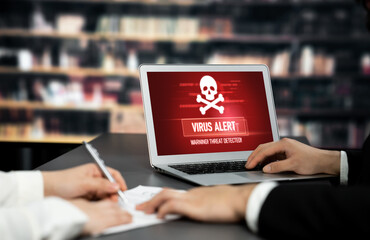 Poster - Virus warning alert on computer screen detected brisk cyber threat , hacker, computer virus and malware