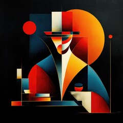 Poster - Abstract geometric portrait of a man in a hat, featuring bold colors and shapes. The background includes circular and rectangular forms, creating a modern artistic vibe.
