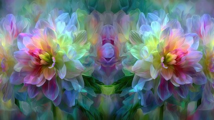 Poster - Colorful abstract flowers with soft petals in shades of pink, blue, and yellow. The background is blurred, creating a dreamy effect.