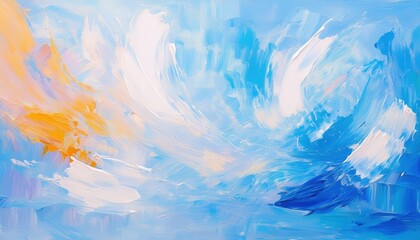 Wall Mural - vivid abstract sky painting with swirling blue, white, and orange brushstrokes evoking clouds and su