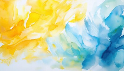 Wall Mural - vibrant abstract watercolor painting with dynamic yellow and blue brushstrokes on white background f