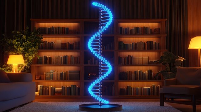 Illuminated DNA helix in a cozy library setting