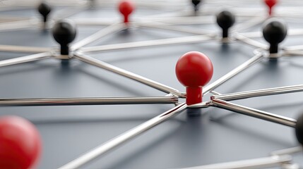 Poster - An abstract tech network features black and one red sphere, centered around a cube formed by metal sticks in a minimalist style