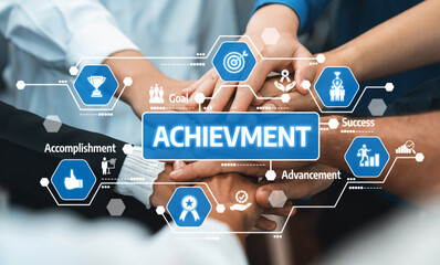 Poster - Group of diverse office worker join hand together in office room symbolize business synergy and strong productive teamwork in workplace. Cooperation and unity between business employee. Prudent Amity