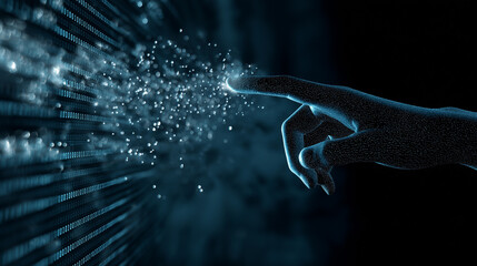 Poster - digital hand interacting with glowing data particles in futuristic virtual interface.