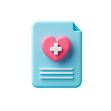 3D Render of Medical Report Icon Heart, Cross, Document