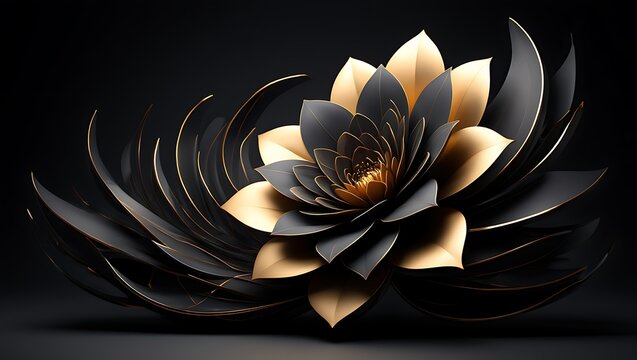 Elegant Black and Gold Lotus Flower 3D Rendered Floral Art