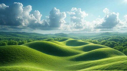 Poster - Rolling Green Hills: A panoramic view of lush, rolling green hills under a bright blue sky dotted with fluffy clouds. A celebration of nature's beauty and tranquility. 