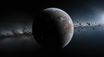 dwarf planet with asteroid ring in deep space