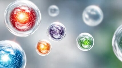 Poster - Cellular Cosmos: A vibrant visual exploration of individual cells. The image presents a photorealistic representation of a cluster of diverse cell structures, each with unique characteristics.