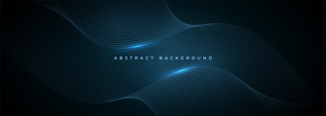 Poster - Abstract dark blue wide vector background with glowing blue wavy lines.