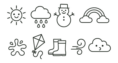Poster - Weather line icon set. sun, rain, snow, cloud icons line style collection