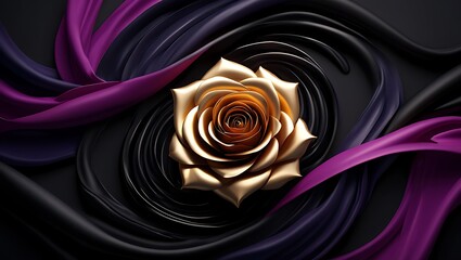 Poster - Golden Rose in Swirling Purple and Black Fabric Abstract Floral Art