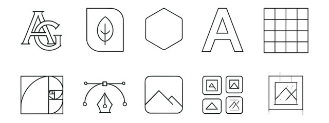 Poster - Graphic design line icon set. typography, grid, pen tool outline collection