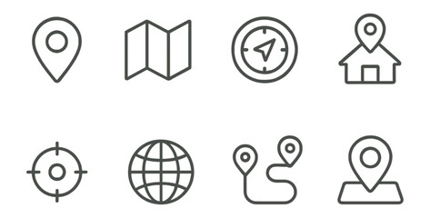 Poster - Navigation and travel icon set. explore destination icons in outline style