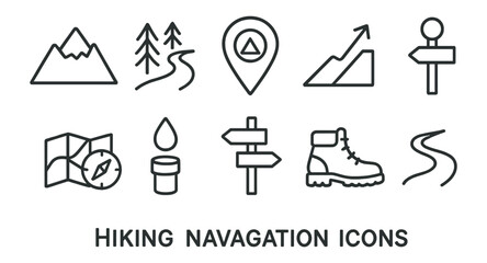 Poster - Hiking and navigation line icon set. trek, trail, map, compass, boot icons collection