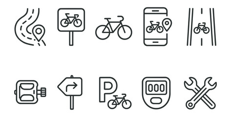 Poster - Cycling and navigation line icon set. road, path, bicycle, route in outline style.