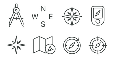 Poster - Navigation and compass line icon set. gps, mapping, direction symbols in linear style
