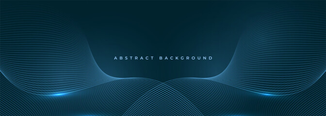 Poster - Glowing blue wavy lines on abstract technology dark blue background.