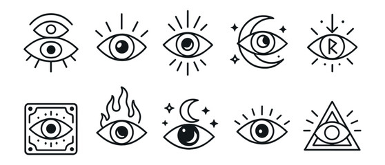 Poster - Eye and vision linear icon set. mystical, magical symbols in a simple line style