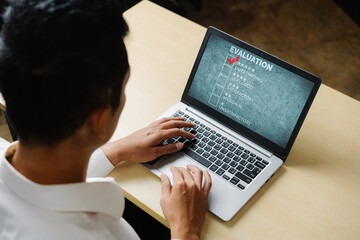 Fototapete - Customer satisfaction and evaluation analysis on modish software computer for marketing strategy planning
