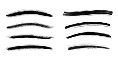 Poster - Set of eight black brush stroke underline lines with rough textured edges and varying thickness in minimalist flat vector style for text highlight or accent design elements