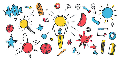 Poster - Colorful hand-drawn doodle collage of abstract sun, star, planet, light bulb, arrows, and geometric shapes with vibrant sketch style and dynamic lines vector illustration
