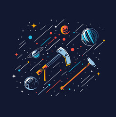 Poster - Abstract cosmic space illustration with hammer and axe tools surrounded by planets stars and celestial elements in flat minimalist vector style