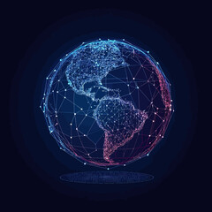 Poster - Abstract digital globe with low poly wireframe mesh showing North and South America in blue and pink neon lights on dark background technology concept illustration