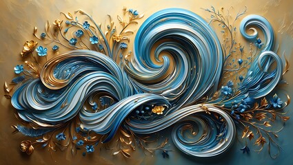 Poster - Whimsical Blue and Gold Swirls Abstract Floral Art