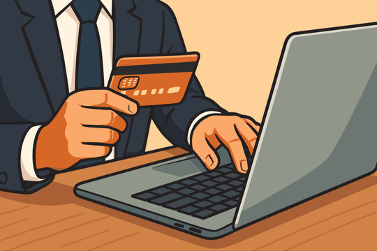 Professional hands holding credit card and typing laptop for online shopping, e-commerce, secure digital payment, internet banking, fintech. Business transaction concept vector.