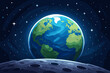 © Judy - Earthrise from moon surface vector illustration. Planet Earth in outer space cartoon concept. Blue globe with glowing atmosphere in cosmos with stars. Astronomy, galaxy, universe background.