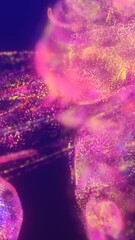 Poster - Abstract colorful particles swirling in deep purple space, forming glowing flowing trails and soft jelly-like structures